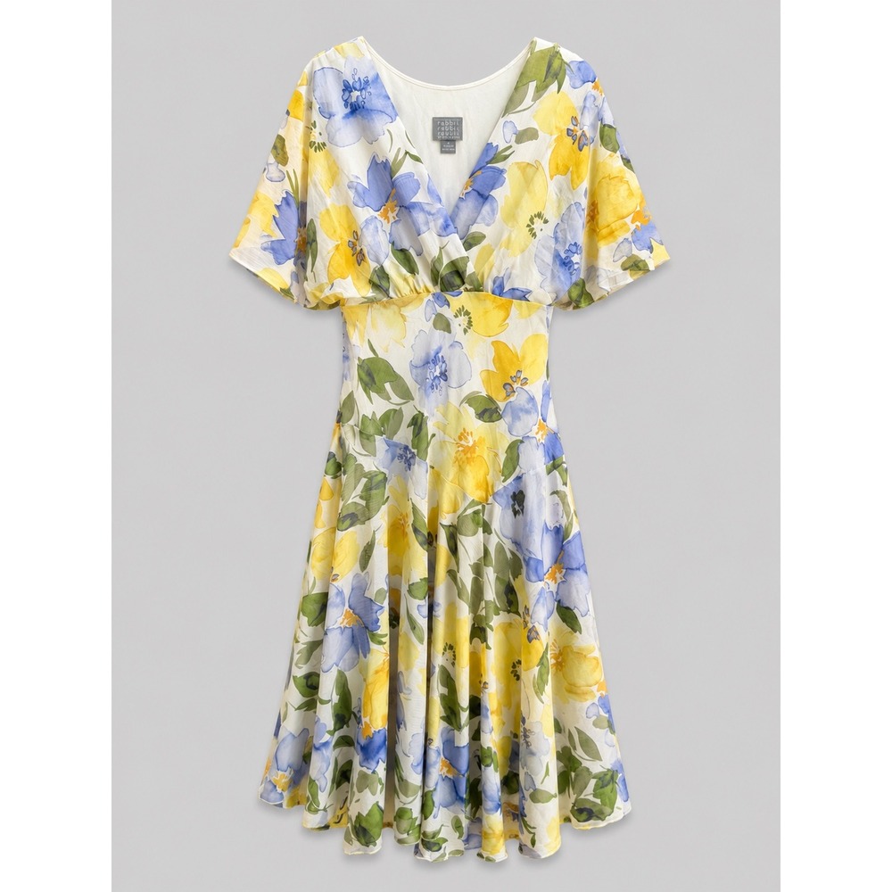 Rabbit Rabbit Rabbit Designs Floral Midi Dress Blue Yellow Watercolor Size 8